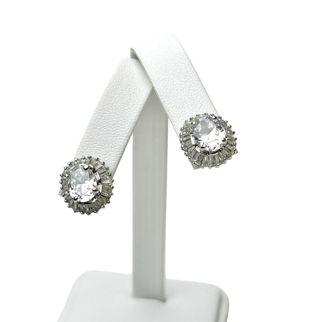 Vtg Nolan Miller Stud Earrings Rhinestone Crystal Baguette Halo Classic Bridal